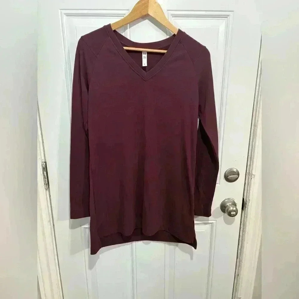 FIG maroon long sleeve tunic  top stretchy v neck size small oversized